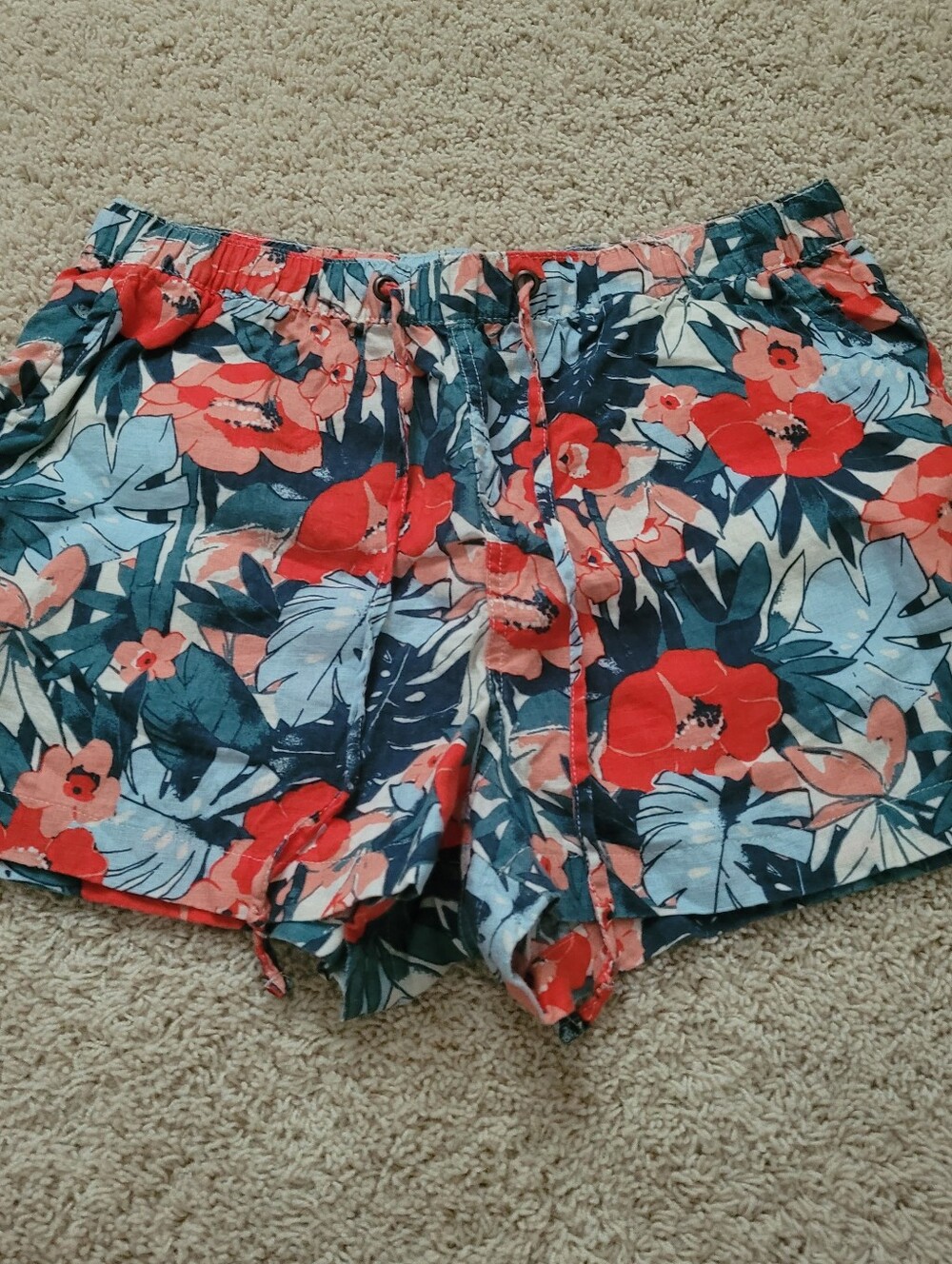 C & C California 100% Linen Shorts Tropical Print L Orange Blue